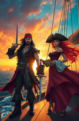 A breathtaking pirate adventure scene featuring a rugged male pirate with long dark hair, wearing a leather vest, and a fierce female pirate with flowing red hair, decked in a wide-brimmed hat and a flowing skirt