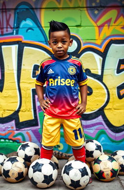 A boy with a fresh haircut and mixed race skin, featuring a stylish boxed hairline, stands confidently in a vibrant football kit