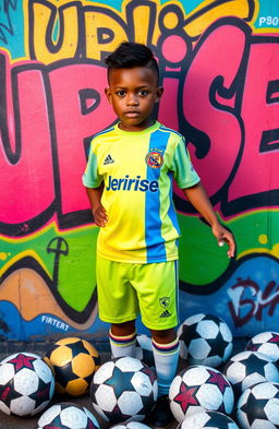 A boy with a fresh haircut and mixed race skin, featuring a stylish boxed hairline, stands confidently in a vibrant football kit