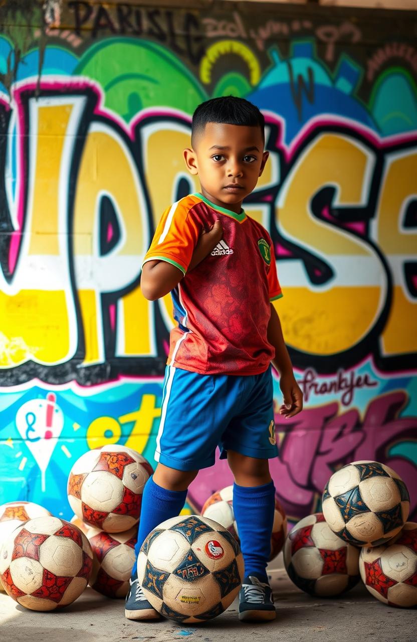 A boy with a fresh haircut and mixed race skin, featuring a stylish boxed hairline, stands confidently in a vibrant football kit