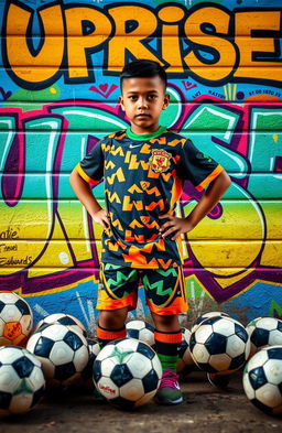 A boy with a fresh haircut and mixed race skin, featuring a stylish boxed hairline, stands confidently in a vibrant football kit