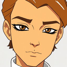 A calm character with sharply defined features, wearing subtle eyeliner
