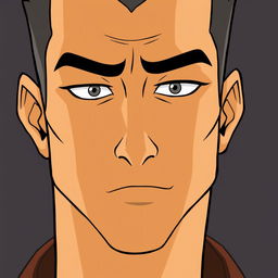 A calm character with sharply defined features, wearing subtle eyeliner
