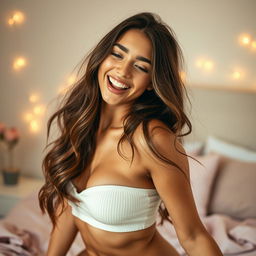 A beautiful young adult woman, 18 years old, with long brown hair, engaging in a moment of ecstatic expression
