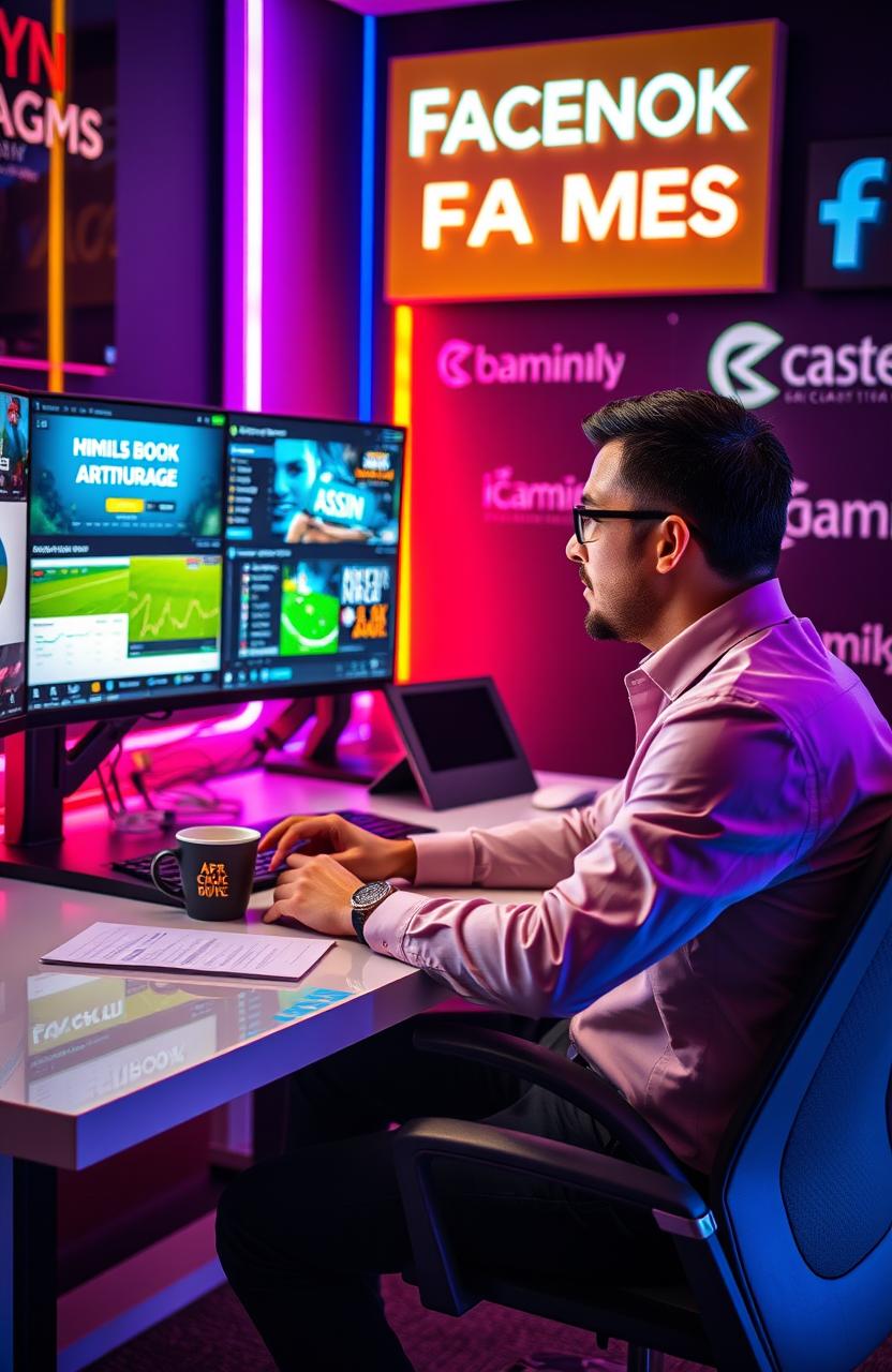 A professional Facebook Media Buyer sitting at a sleek, modern desk, focused intently on multiple screens displaying advertisements related to iGaming and book arbitrage