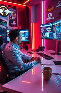 A professional Facebook Media Buyer sitting at a sleek, modern desk, focused intently on multiple screens displaying advertisements related to iGaming and book arbitrage