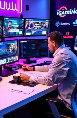 A professional Facebook Media Buyer sitting at a sleek, modern desk, focused intently on multiple screens displaying advertisements related to iGaming and book arbitrage