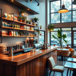 A cozy coffee shop interior featuring a stylish bar counter instead of a shelf