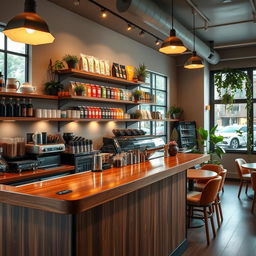 A cozy coffee shop interior featuring a stylish bar counter instead of a shelf