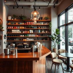 A cozy coffee shop interior featuring a stylish bar counter instead of a shelf