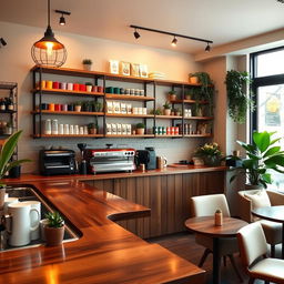 A cozy coffee shop interior featuring a stylish bar counter instead of a shelf