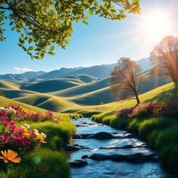 A stunning introduction background featuring a serene natural landscape with rolling hills, colorful flowers in bloom, and a clear blue sky