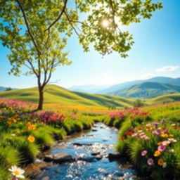A stunning introduction background featuring a serene natural landscape with rolling hills, colorful flowers in bloom, and a clear blue sky