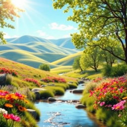 A stunning introduction background featuring a serene natural landscape with rolling hills, colorful flowers in bloom, and a clear blue sky