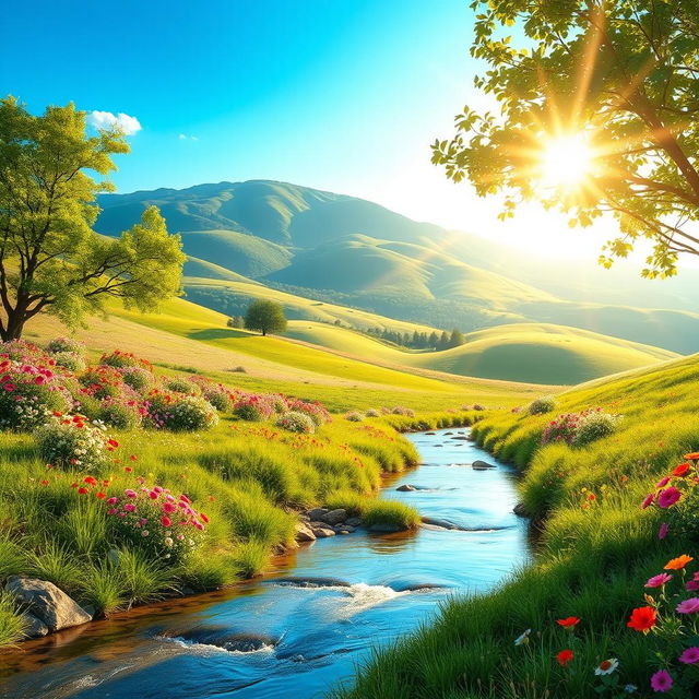 A stunning introduction background featuring a serene natural landscape with rolling hills, colorful flowers in bloom, and a clear blue sky