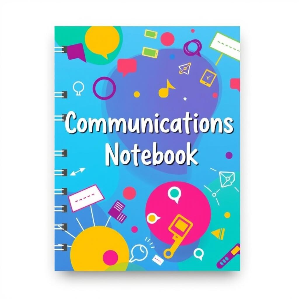 A colorful and creative cover design for a communications notebook, featuring vibrant abstract patterns and symbols related to communication such as speech bubbles, microphones, and digital devices