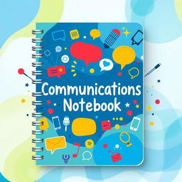 A colorful and creative cover design for a communications notebook, featuring vibrant abstract patterns and symbols related to communication such as speech bubbles, microphones, and digital devices