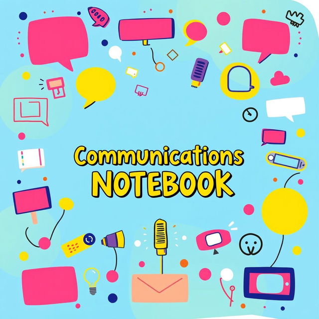 A colorful and creative cover design for a communications notebook, featuring vibrant abstract patterns and symbols related to communication such as speech bubbles, microphones, and digital devices