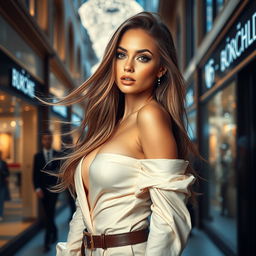 A stunning female model posing confidently in a high-fashion setting