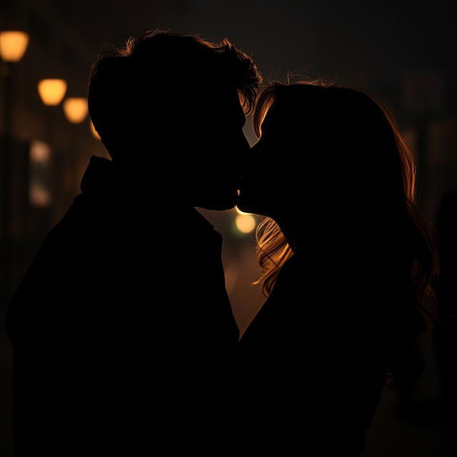 A passionate kiss in a dark, moody setting, creating a romantic and intimate atmosphere