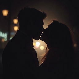 A passionate kiss in a dark, moody setting, creating a romantic and intimate atmosphere