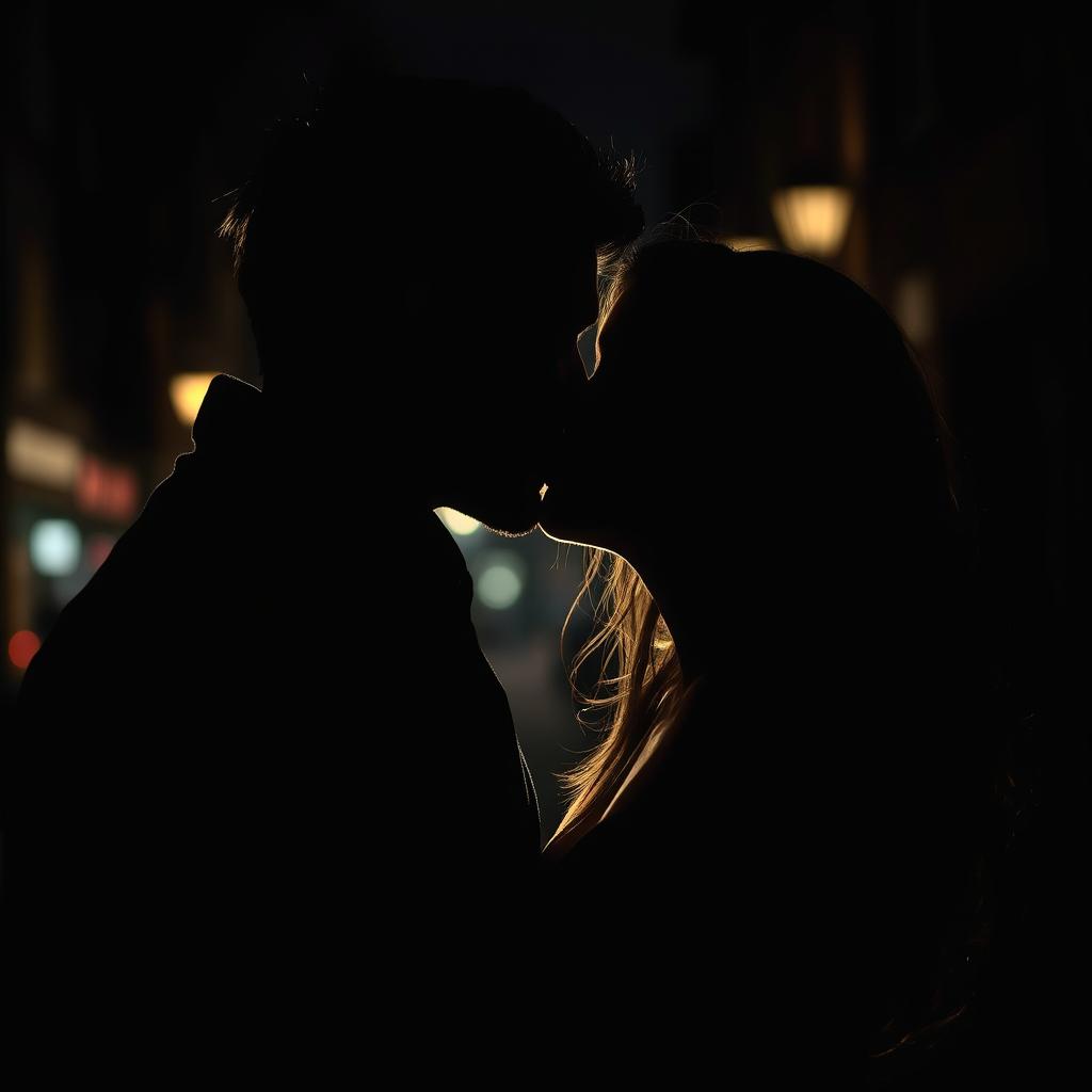 A passionate kiss in a dark, moody setting, creating a romantic and intimate atmosphere
