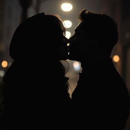 A passionate kiss in a dark, moody setting, creating a romantic and intimate atmosphere