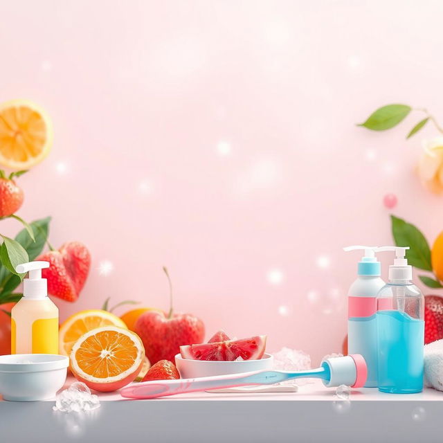 A visually engaging background for a personal hygiene introduction, featuring vibrant and health-promoting elements such as fresh fruits, soap bubbles, and colorful toiletries