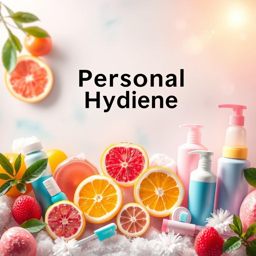 A visually engaging background for a personal hygiene introduction, featuring vibrant and health-promoting elements such as fresh fruits, soap bubbles, and colorful toiletries