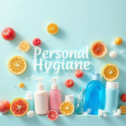 A visually engaging background for a personal hygiene introduction, featuring vibrant and health-promoting elements such as fresh fruits, soap bubbles, and colorful toiletries