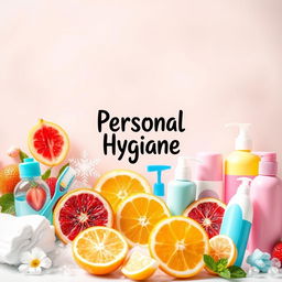 A visually engaging background for a personal hygiene introduction, featuring vibrant and health-promoting elements such as fresh fruits, soap bubbles, and colorful toiletries