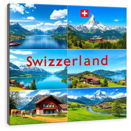A vibrant canvas presentation design showcasing the beauty of Switzerland, featuring iconic images of Swiss lakes and stunning landscapes