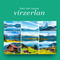A vibrant canvas presentation design showcasing the beauty of Switzerland, featuring iconic images of Swiss lakes and stunning landscapes