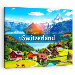 A vibrant canvas presentation design showcasing the beauty of Switzerland, featuring iconic images of Swiss lakes and stunning landscapes