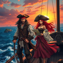 A breathtaking pirate adventure scene featuring a rugged male pirate named Oskar Wos with long dark hair, wearing a leather vest, and a fierce female pirate with flowing red hair, decked in a wide-brimmed hat and a flowing skirt
