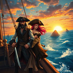 A breathtaking pirate adventure scene featuring a rugged male pirate named Oskar Wos with long dark hair, wearing a leather vest, and a fierce female pirate with flowing red hair, decked in a wide-brimmed hat and a flowing skirt