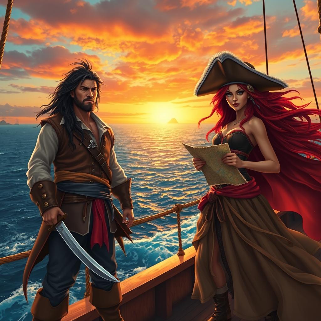 A breathtaking pirate adventure scene featuring a rugged male pirate named Oskar Wos with long dark hair, wearing a leather vest, and a fierce female pirate with flowing red hair, decked in a wide-brimmed hat and a flowing skirt