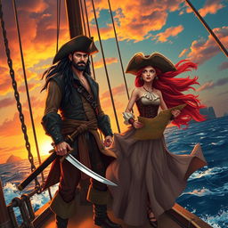 A breathtaking pirate adventure scene featuring a rugged male pirate named Oskar Wos with long dark hair, wearing a leather vest, and a fierce female pirate with flowing red hair, decked in a wide-brimmed hat and a flowing skirt