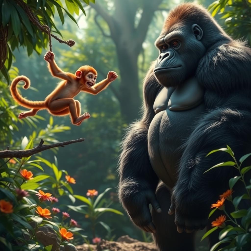 An intense showdown between a monkey and a gorilla in a lush jungle setting