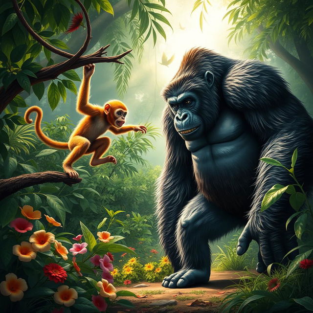 An intense showdown between a monkey and a gorilla in a lush jungle setting