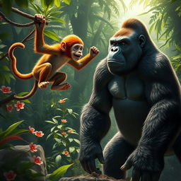 An intense showdown between a monkey and a gorilla in a lush jungle setting