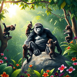 Five monkeys playfully interacting with a large, friendly gorilla in a lush, vibrant jungle setting