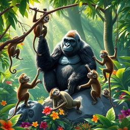 Five monkeys playfully interacting with a large, friendly gorilla in a lush, vibrant jungle setting