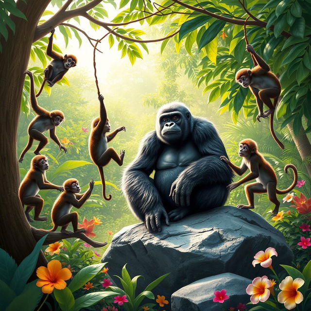 Five monkeys playfully interacting with a large, friendly gorilla in a lush, vibrant jungle setting