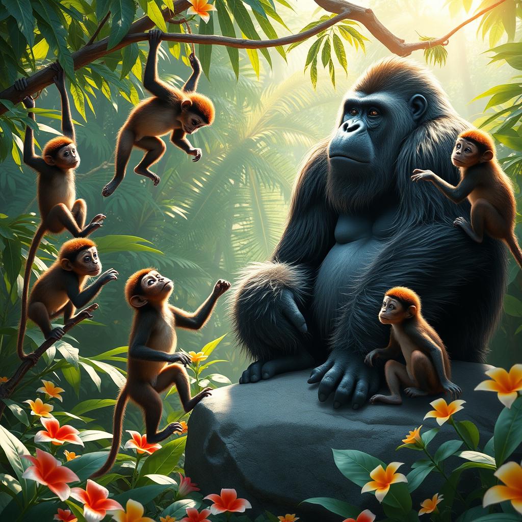 Five monkeys playfully interacting with a large, friendly gorilla in a lush, vibrant jungle setting