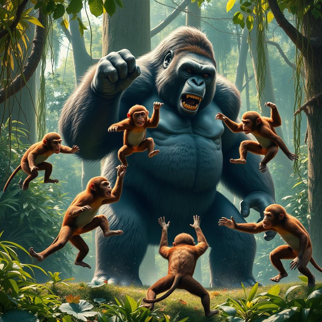 A dramatic scene depicting five monkeys engaging in a fierce battle against a massive gorilla in a lush jungle setting