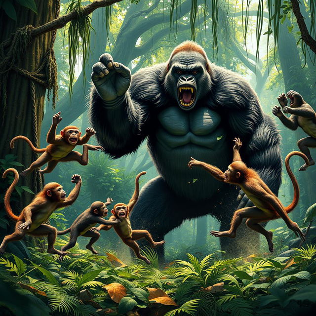 A dramatic scene depicting five monkeys engaging in a fierce battle against a massive gorilla in a lush jungle setting