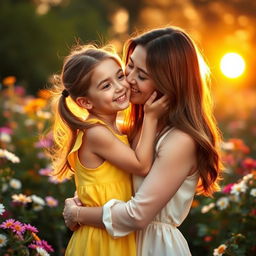 A heartwarming scene of a young girl tenderly kissing her mother on the cheek, in a serene and loving environment