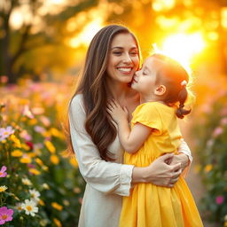 A heartwarming scene of a young girl tenderly kissing her mother on the cheek, in a serene and loving environment