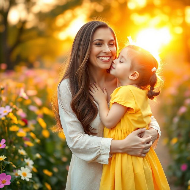 A heartwarming scene of a young girl tenderly kissing her mother on the cheek, in a serene and loving environment